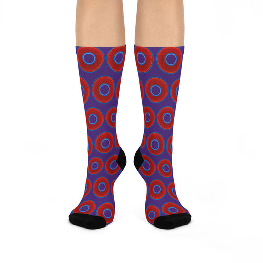 Lumpy Sox - cushioned crew - vivid red donut print w/purple background