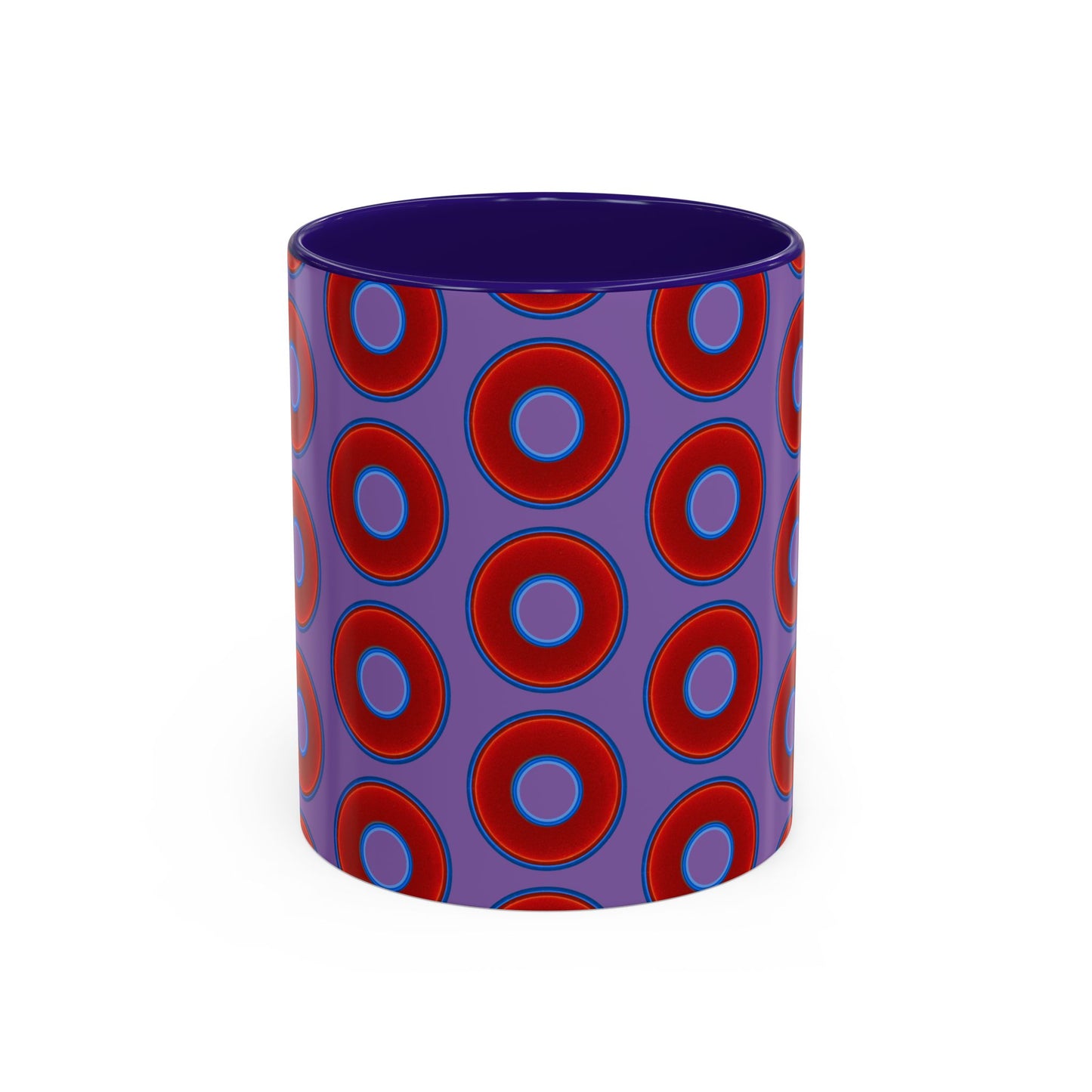 Lump's Grumpy Coffee Mug - vivid red donuts w/light purple background