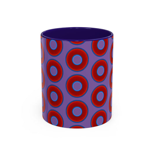 Lump's Grumpy Coffee Mug - vivid red donuts w/light purple background