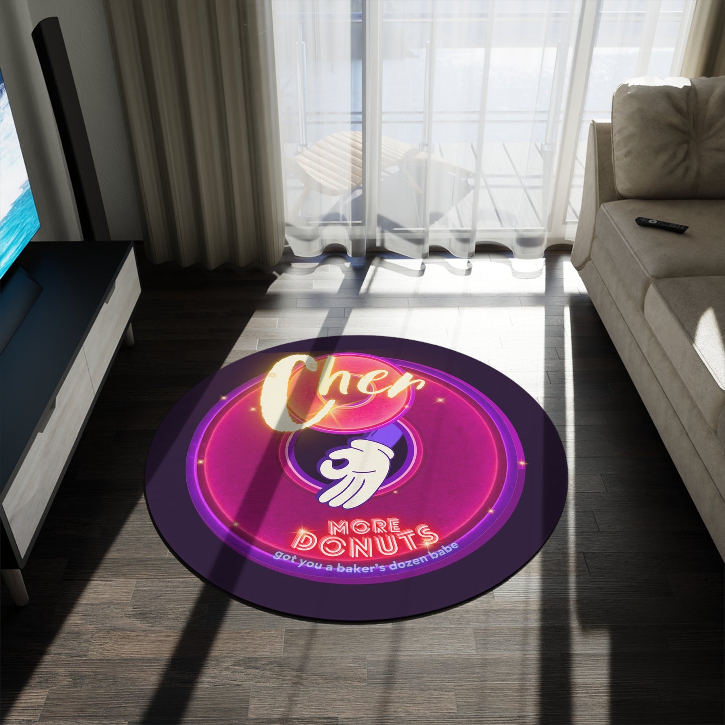 Round Room - 5 ft x 5 ft Lumpy Donut Rug - "Cher-ing is Caring Donut Rug" - vivid magenta donut w/midnight purple background - variant 1 - [*charitable donut]