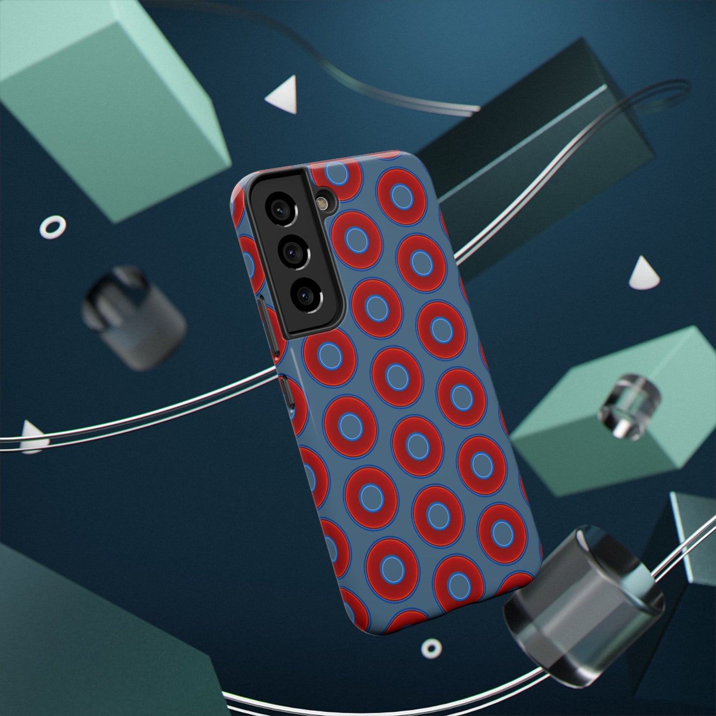 Impact-Resistant Lumpy Donut Case - red vivid donut print w/steel blue background