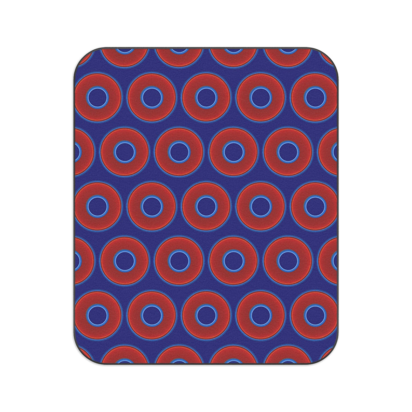 The Lumpy Party Blanket - giant water-resistant outdoor blanket [61" x 51"] - vivid red donuts w/vivid navy blue background