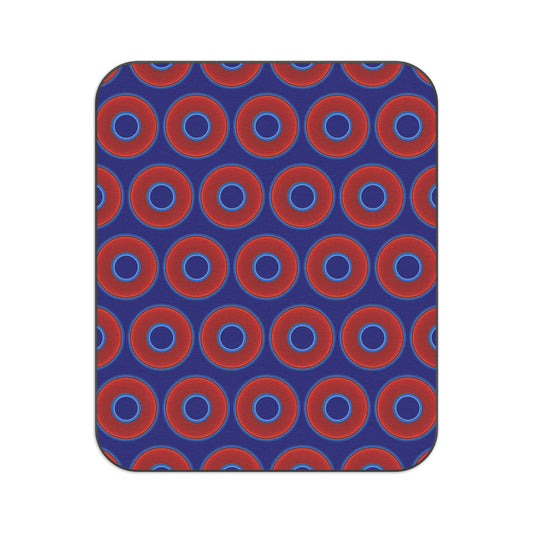 The Lumpy Party Blanket - giant water-resistant outdoor blanket [61" x 51"] - vivid red donuts w/vivid navy blue background