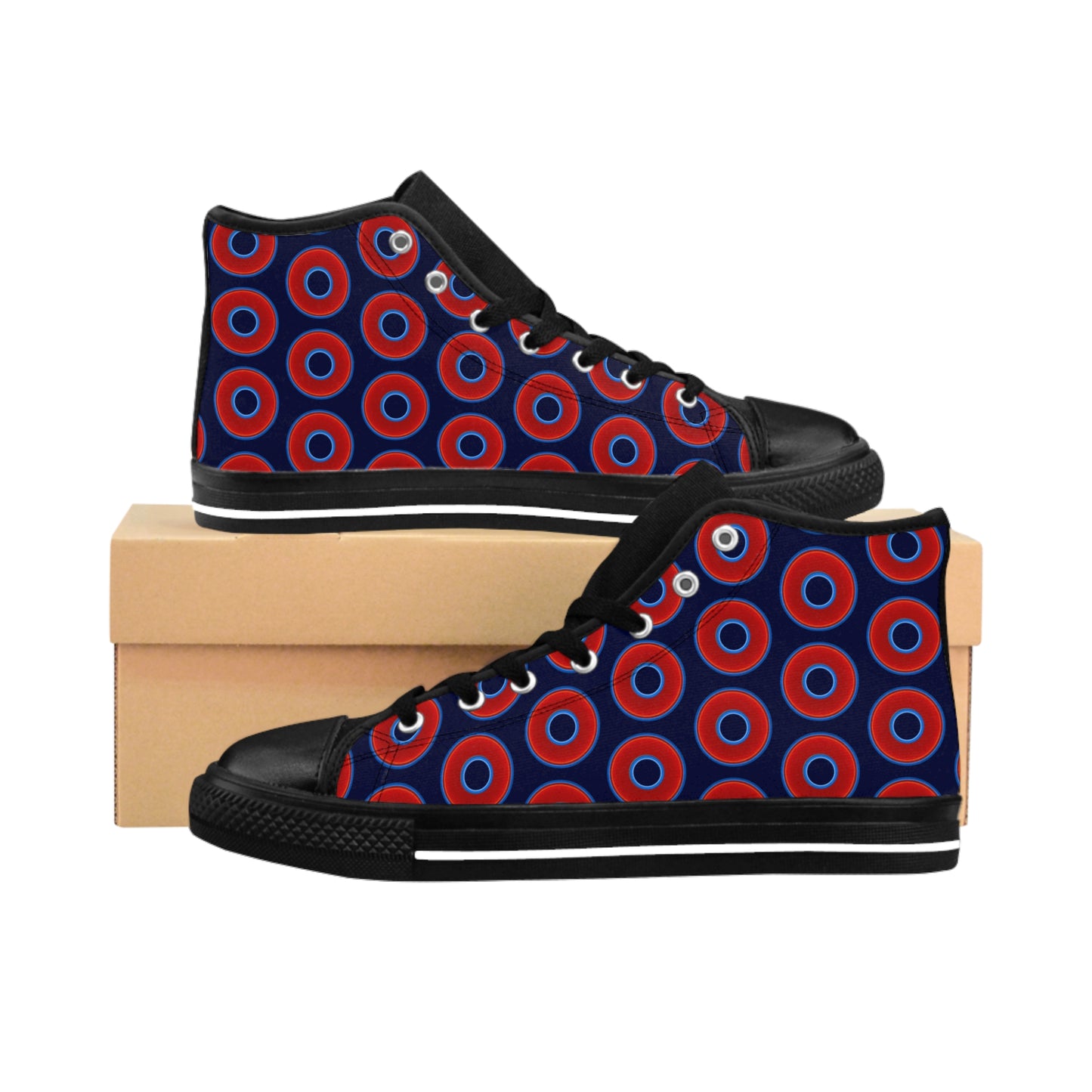 Men's Cushiony Convectors - High Tops - red vivid donuts w/dark navy blue background