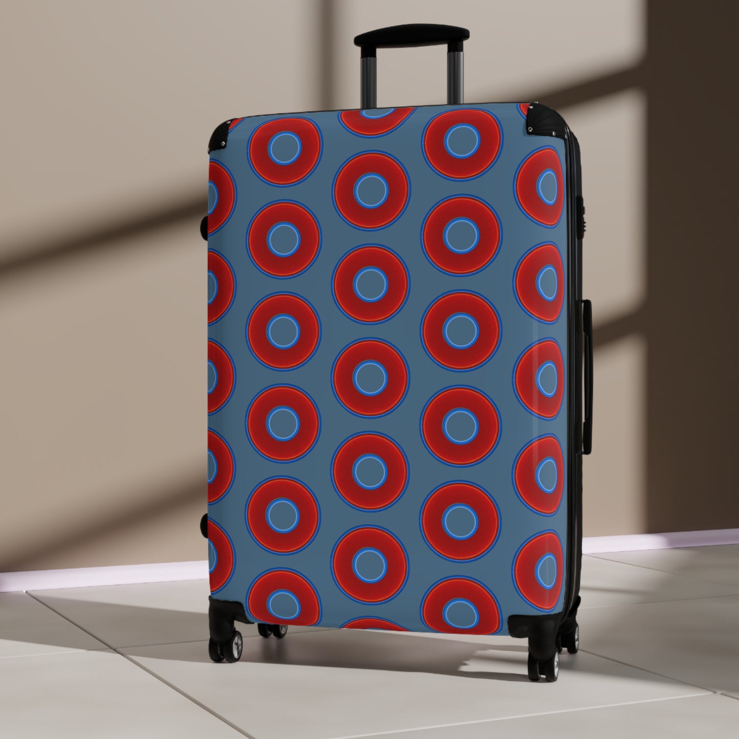 The Very Lumpy Donut Suitcase series - your choice of S, M or L - vivid red donut print w/steel blue background