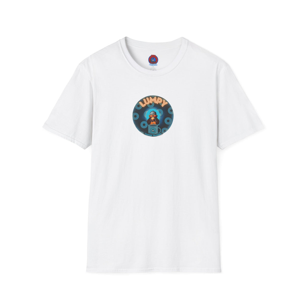 Coffee Traders Tee - Unisex Soft-Style - "Tasty Coffee" - paradoxical donut/cubed blue donut - variant 2 - logo front/It's Ice Cube's back