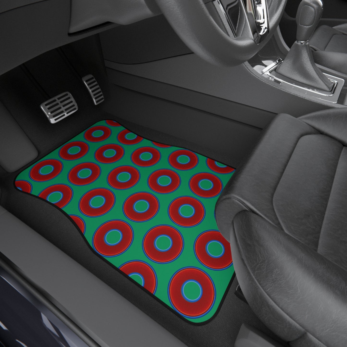 Contacted Car Mats - vivid donut print w/jade green background