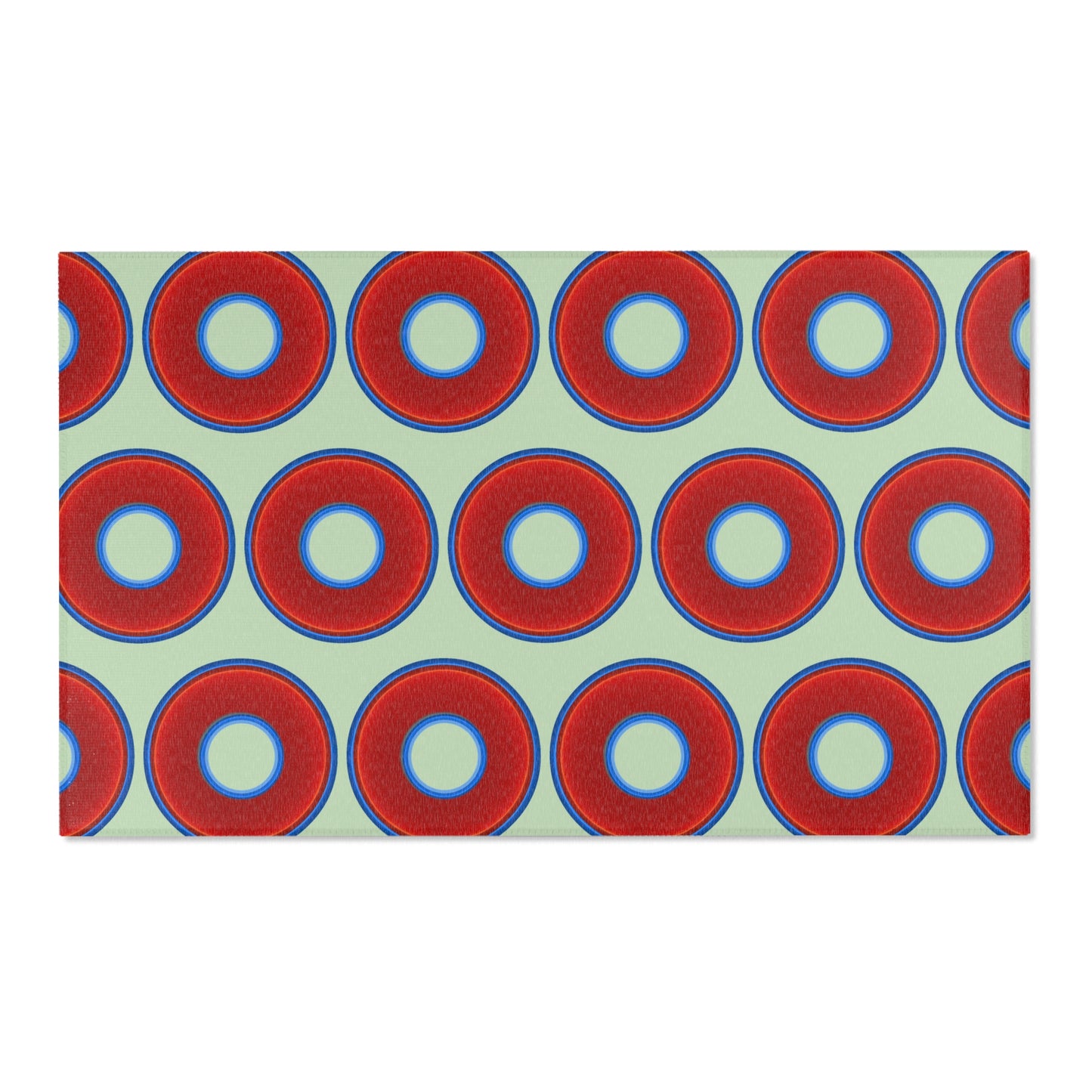 Lumpy Donut Print Rug - choice of 3 sizes - vivid red donut print w/seafoam background