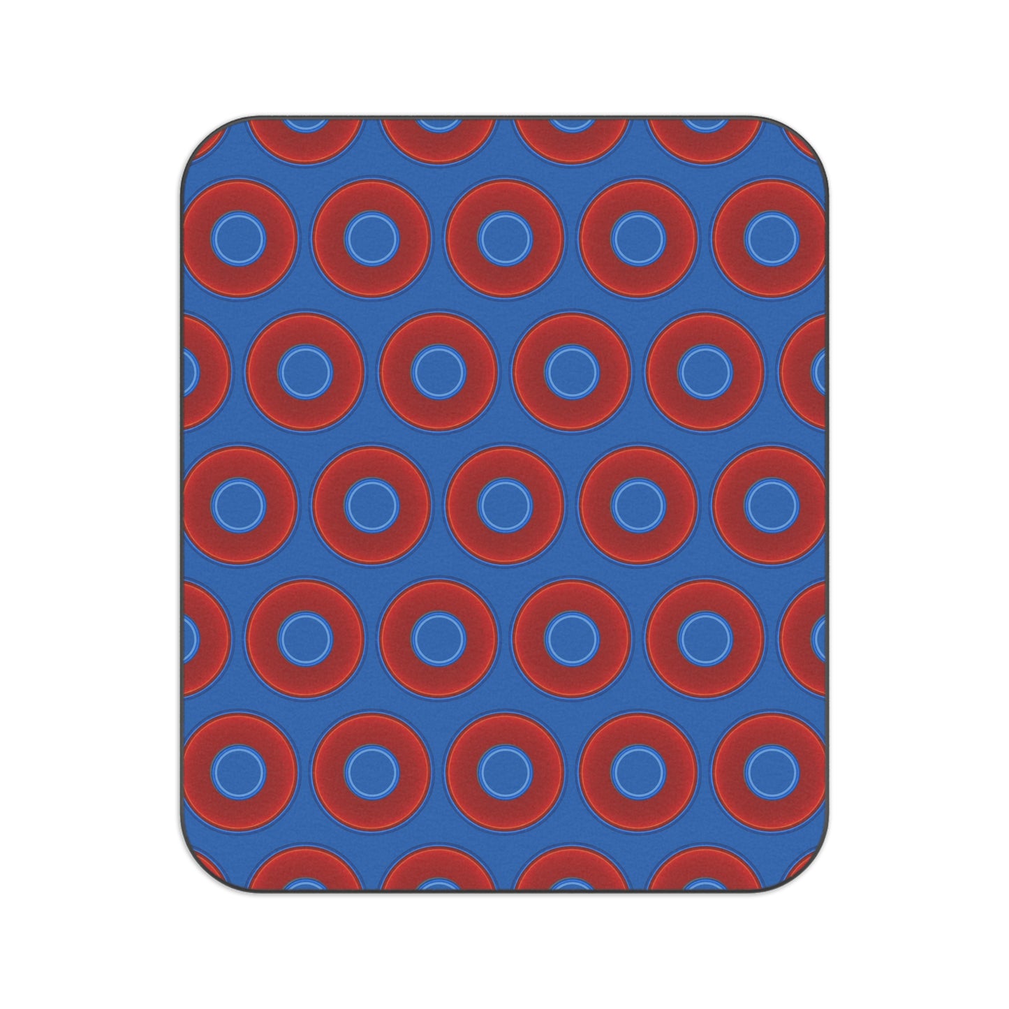 The Lumpy Party Blanket - giant water-resistant outdoor blanket [61" x 51"] - vivid red donuts w/dark royal blue background