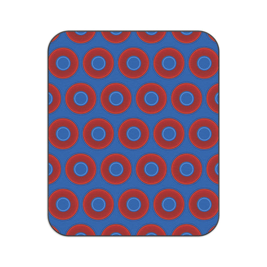 The Lumpy Party Blanket - giant water-resistant outdoor blanket [61" x 51"] - vivid red donuts w/dark royal blue background