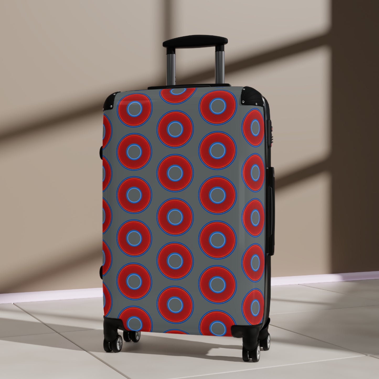 The Very Lumpy Donut Suitcase series - your choice of S, M or L - vivid red donut print w/gray background
