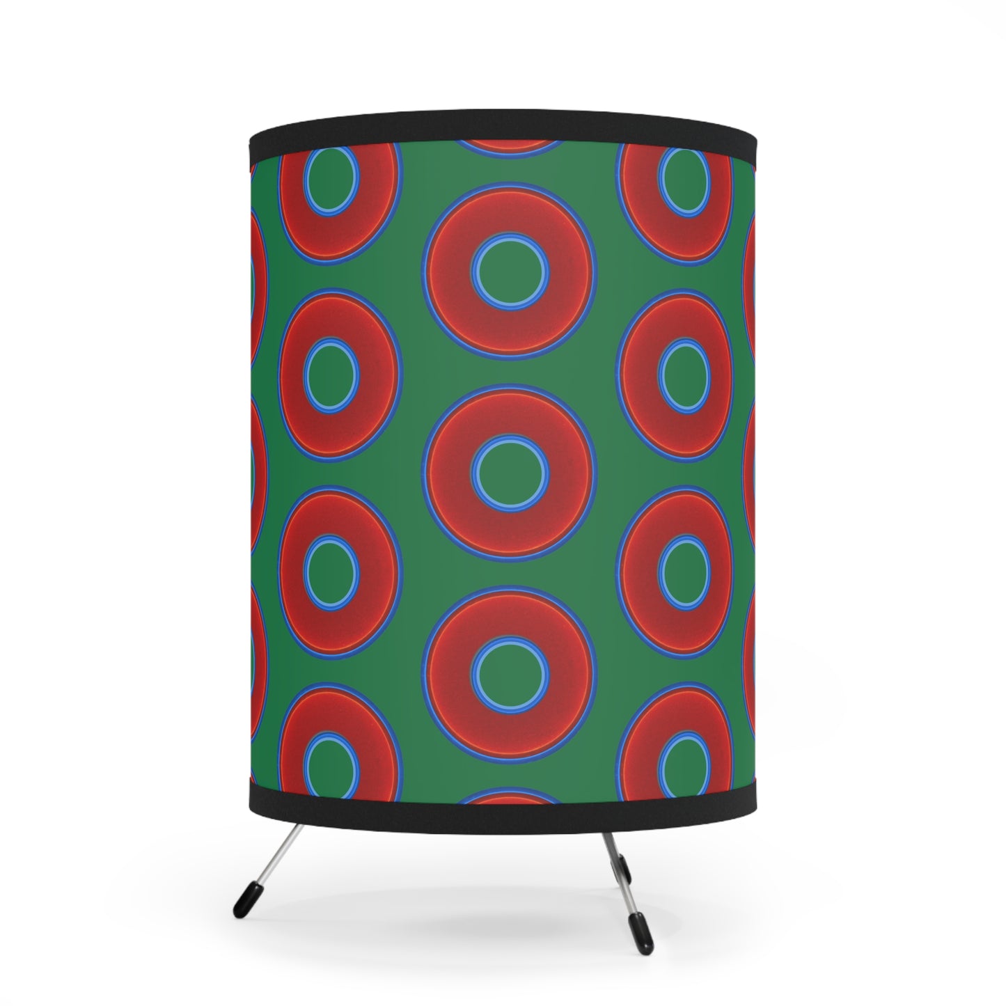 Lumpy Tripod Donut Lamp - vivid red donuts w/green background