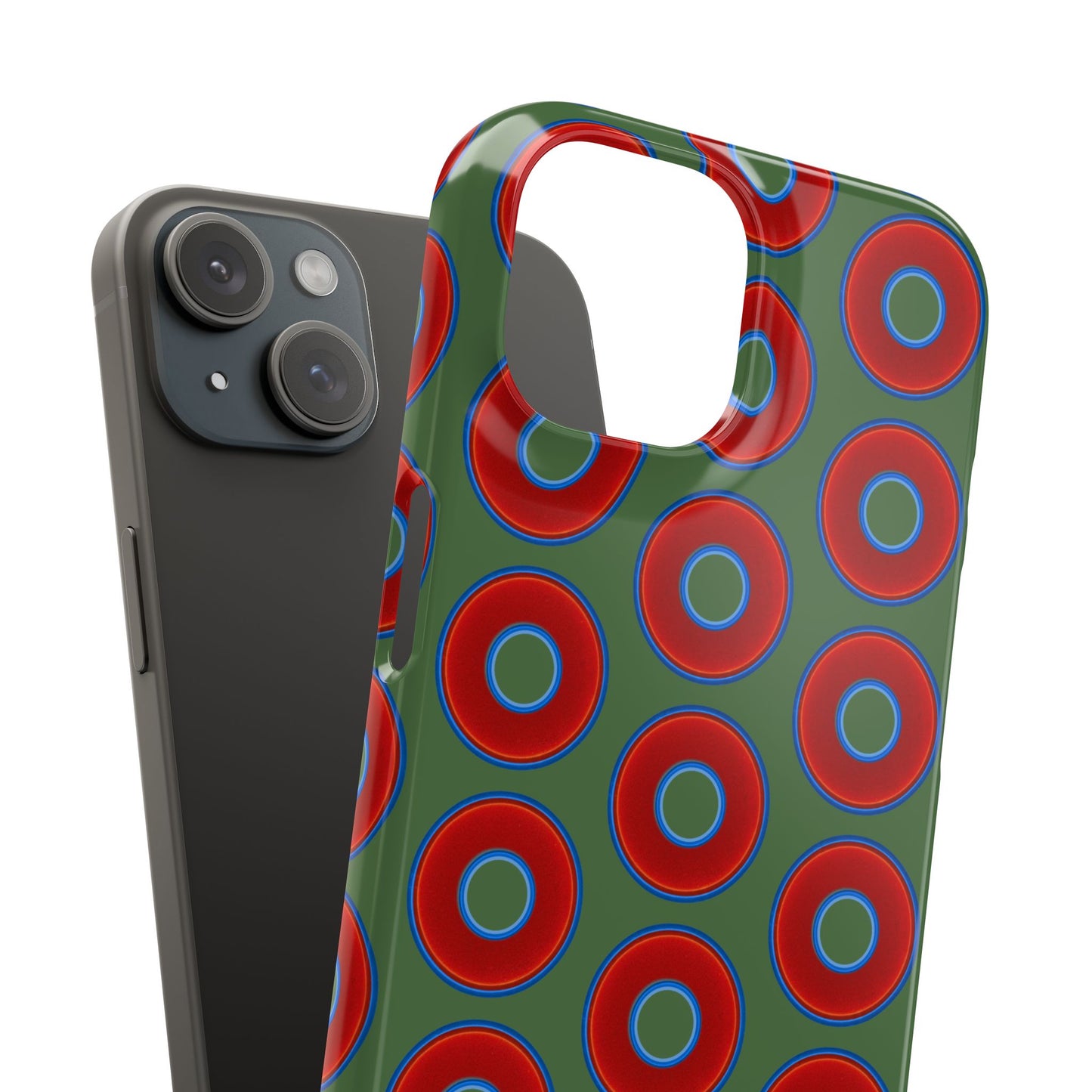 Lumpy Donut Snap Case - red vivid donut print w/dark green background