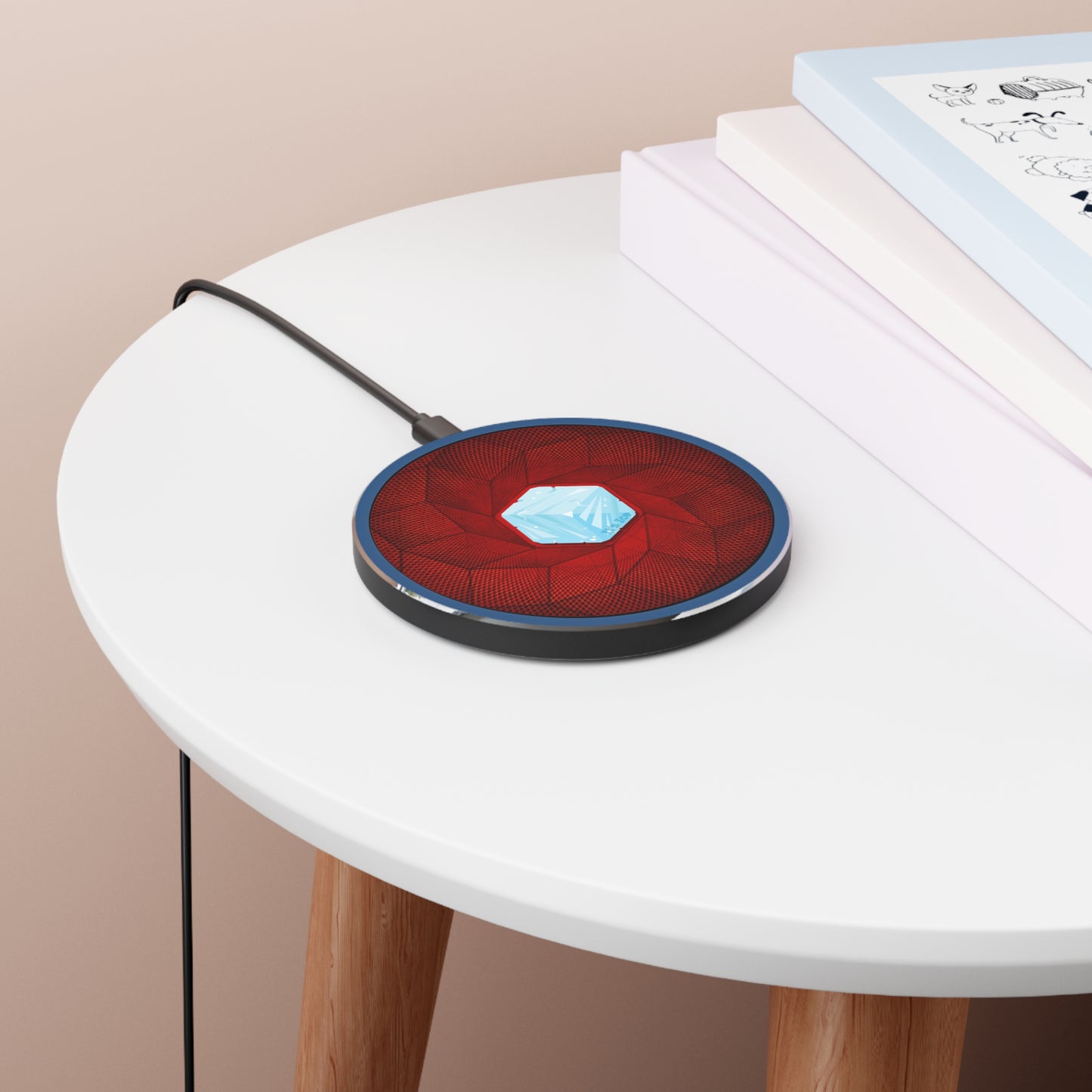 The Flow - Wireless Lumpy Donut Chargers - "It's Ice... Cube's Wireless Donut Charger" - red cubed donut w/light navy background - variant 1