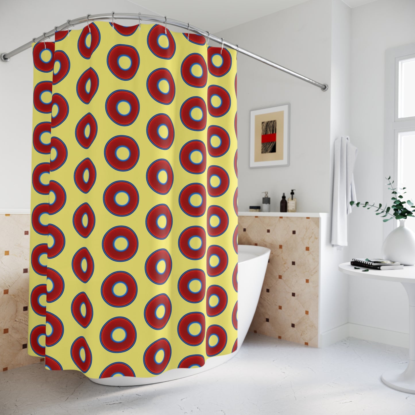 The Curtain With "Donuts" - Lumpy Bath Time Fun - vivid red donuts w/yellow background