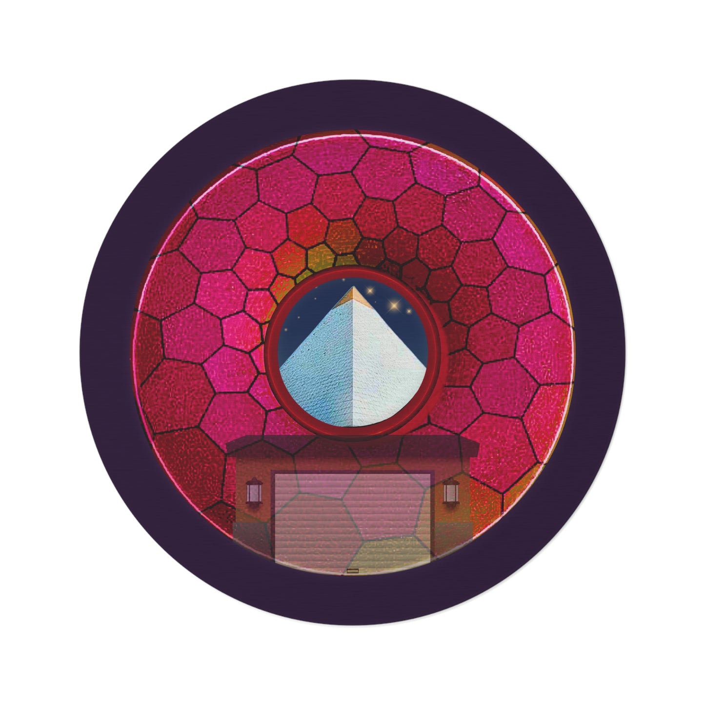 Round Room - 5 ft x 5 ft Lumpy Donut Rug - "Limestone Donut Rug so Large" - magenta hexadonut w/midnight purple background - variant 6