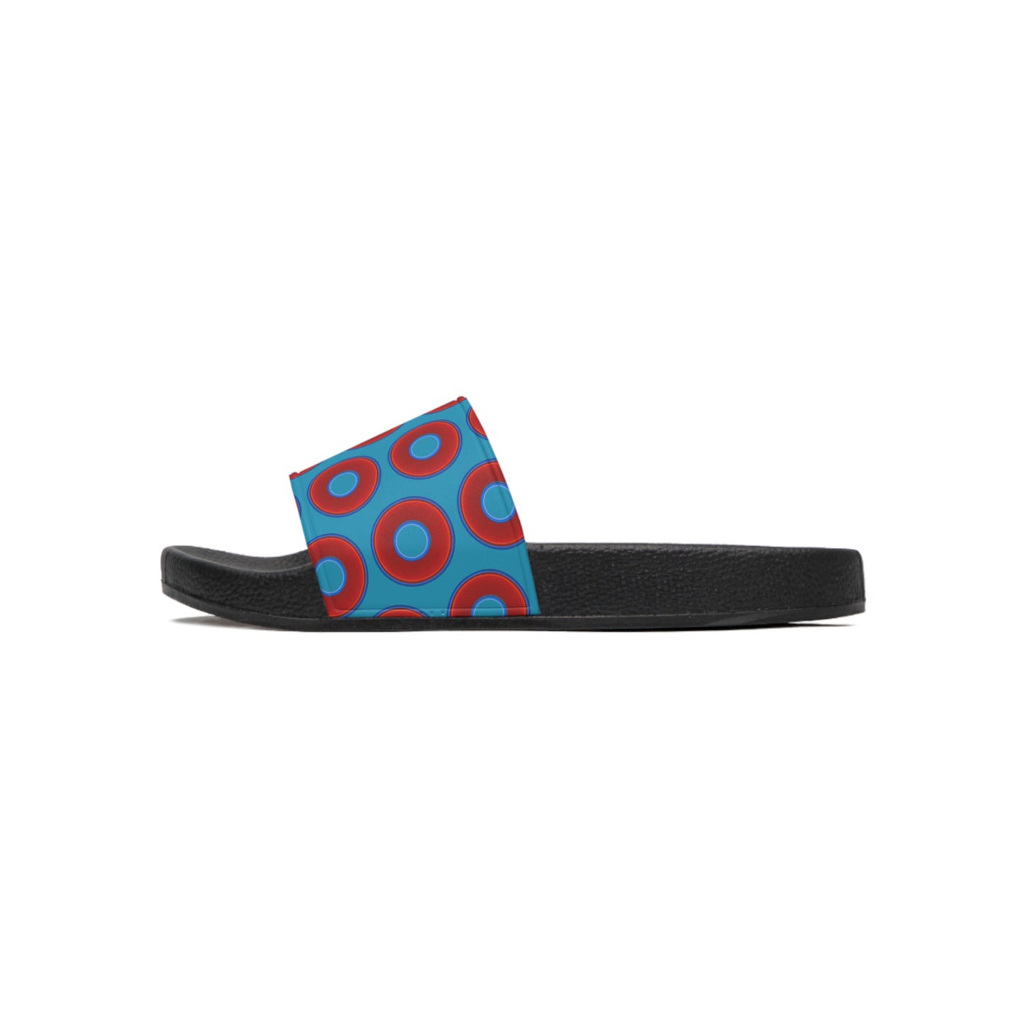 Men's Lumpy Sandals - slip-ons - red vivid donuts w/aquamarine blue background