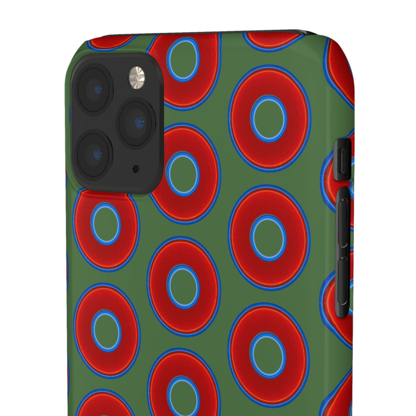 Lumpy Donut Snap Case - red vivid donut print w/dark green background