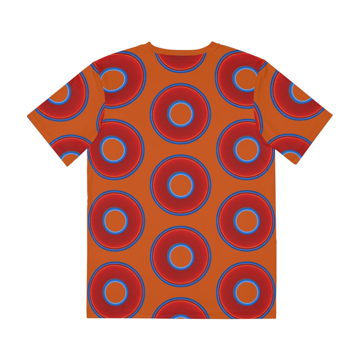 Multi-Beastie Giant Donut AOP Polyester Tee - red vivid donut print w/dark orange background