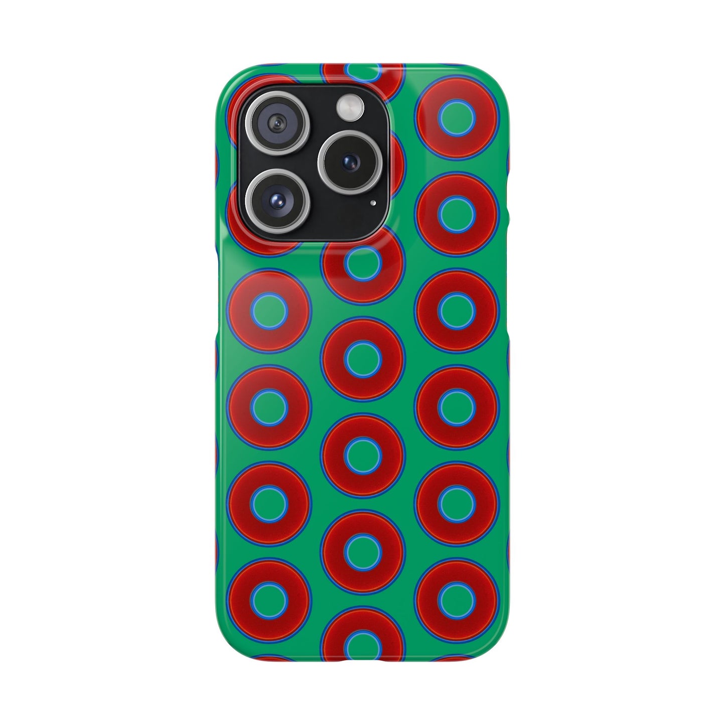 Lumpy Donut Snap Case - red vivid donut print w/jade green background