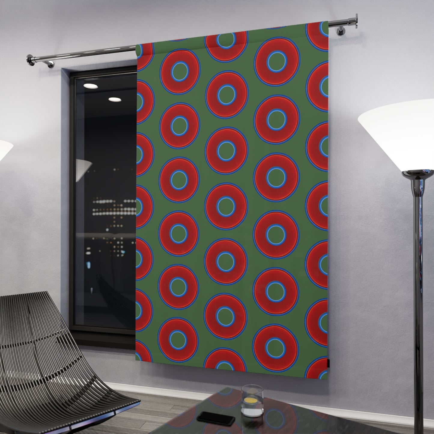 Lump's Heady Curtain w/Donuts - vivid red donut print - w/Fenway green background - [*1 Piece / 50" x 84"]