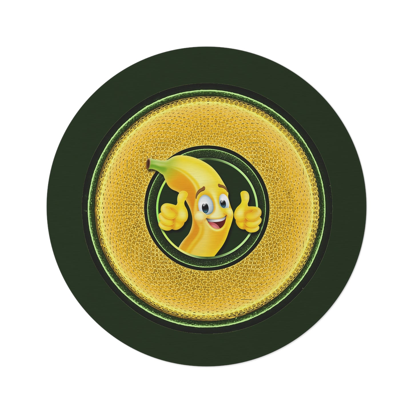 Round Room - 5 ft x 5 ft Lumpy Donut Rug - "Banana Bread Donut " - rustic golden donut w/deep forest green background - variant 2