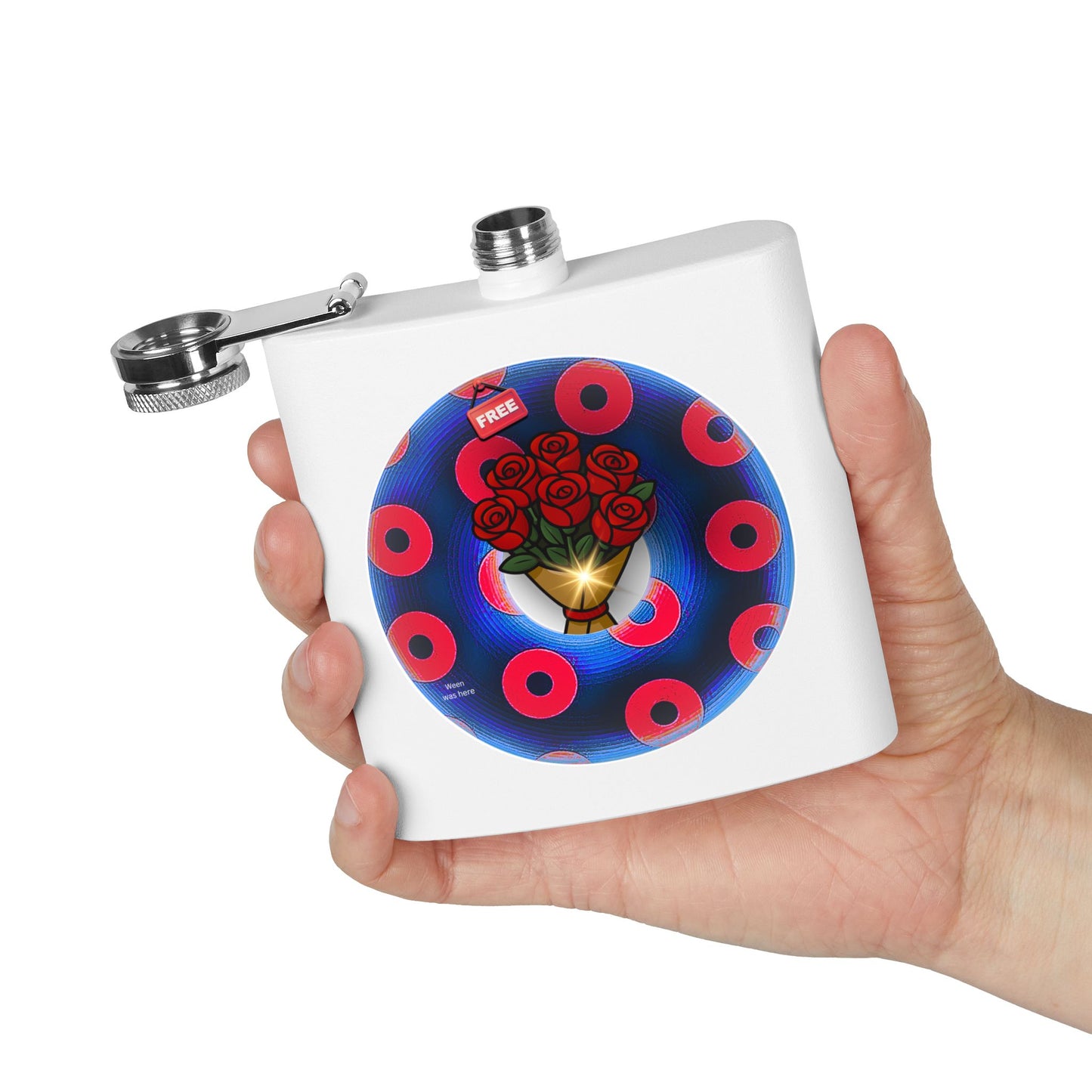 Lump's Donut Flask 6 oz -  "Donuts R Phree" - red/blue rustic donut - [*w/your choice of 6 backgrounds]