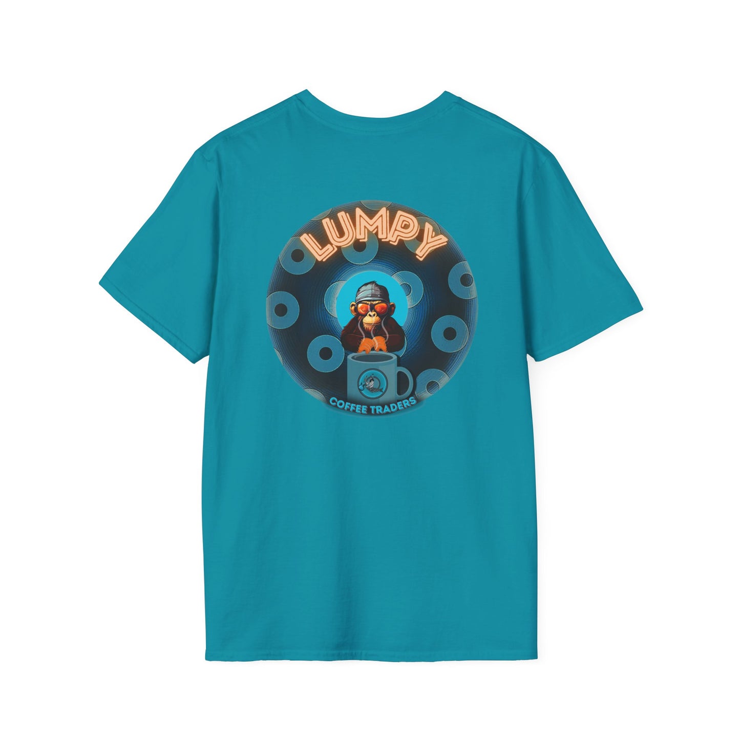 Coffee Traders Tee - Unisex Soft-Style - "Tasty Coffee" - paradoxical donut/cubed blue donut - variant 1 - It's Ice Cube's front/logo back