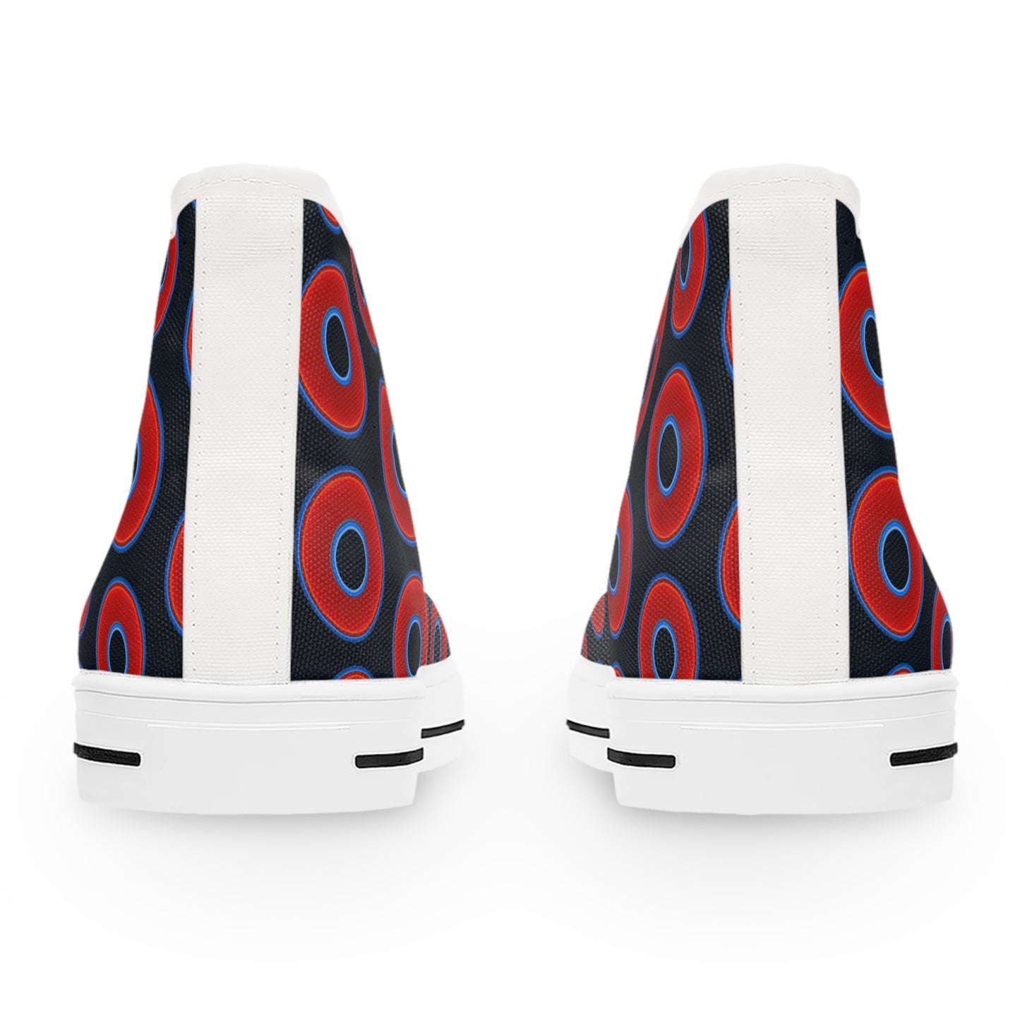 Women's High Top Chuck Taylors - large vivid red donut print w/blue charcoal background