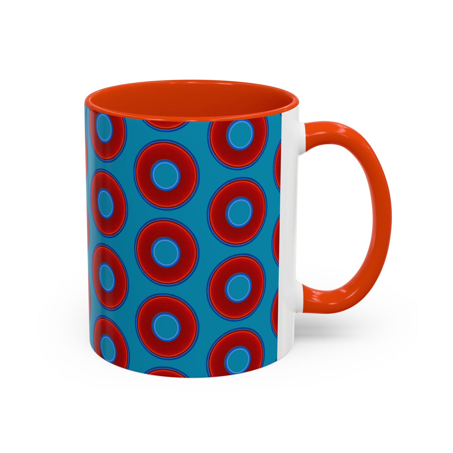 Lump's Grumpy Coffee Mug - vivid red donuts w/aquamarine blue background