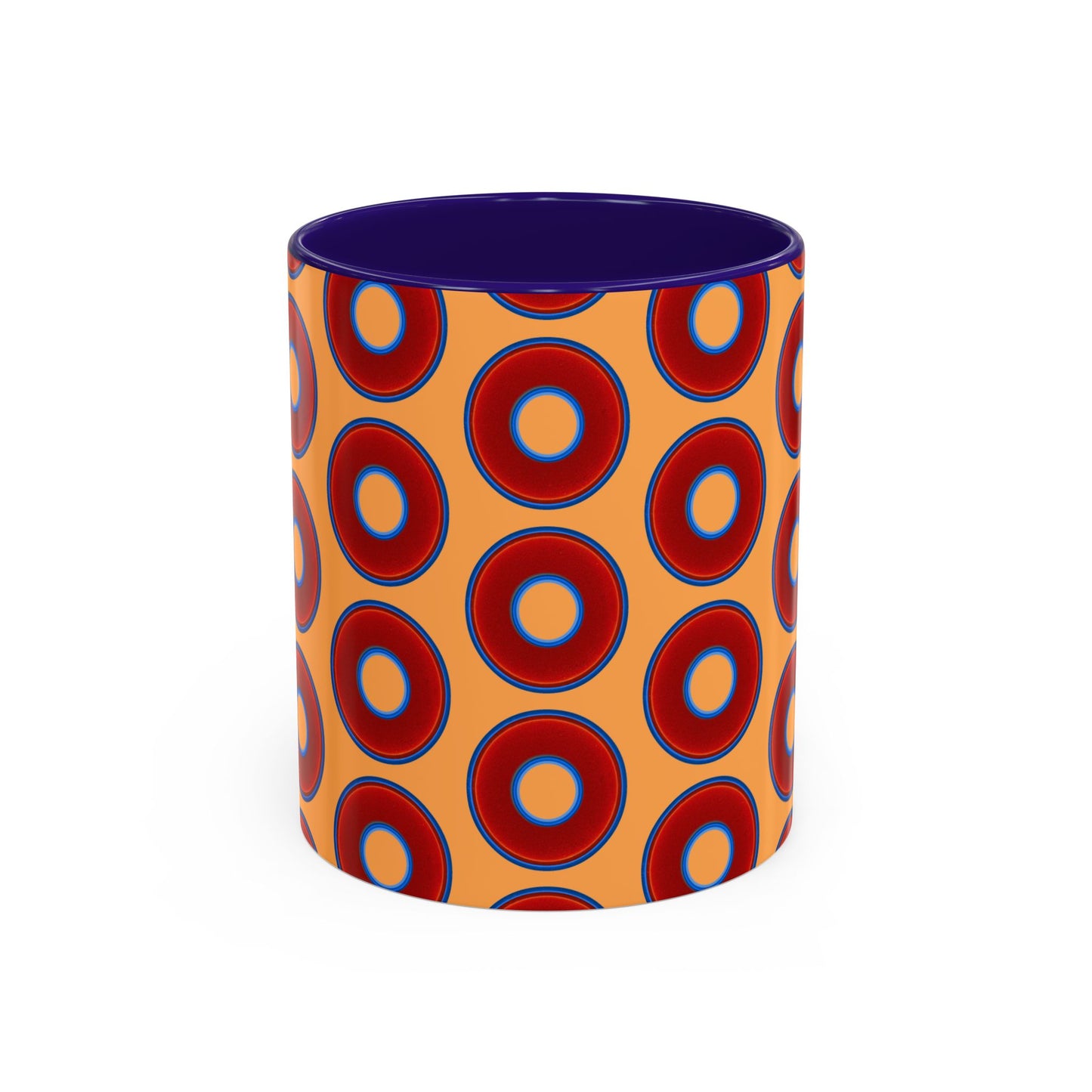 Lump's Grumpy Coffee Mug - vivid red donuts w/creamsicle orange background