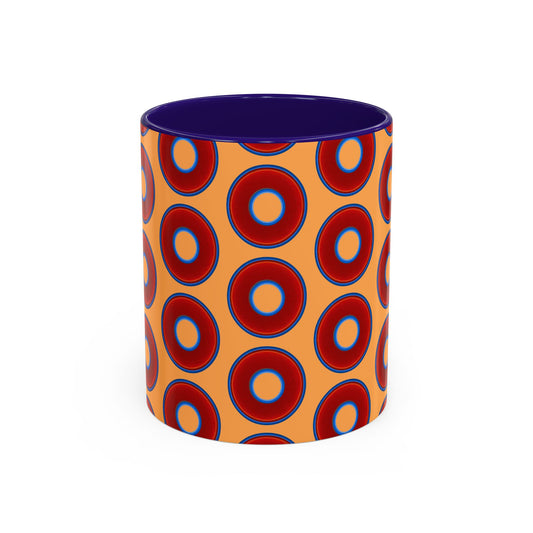 Lump's Grumpy Coffee Mug - vivid red donuts w/creamsicle orange background