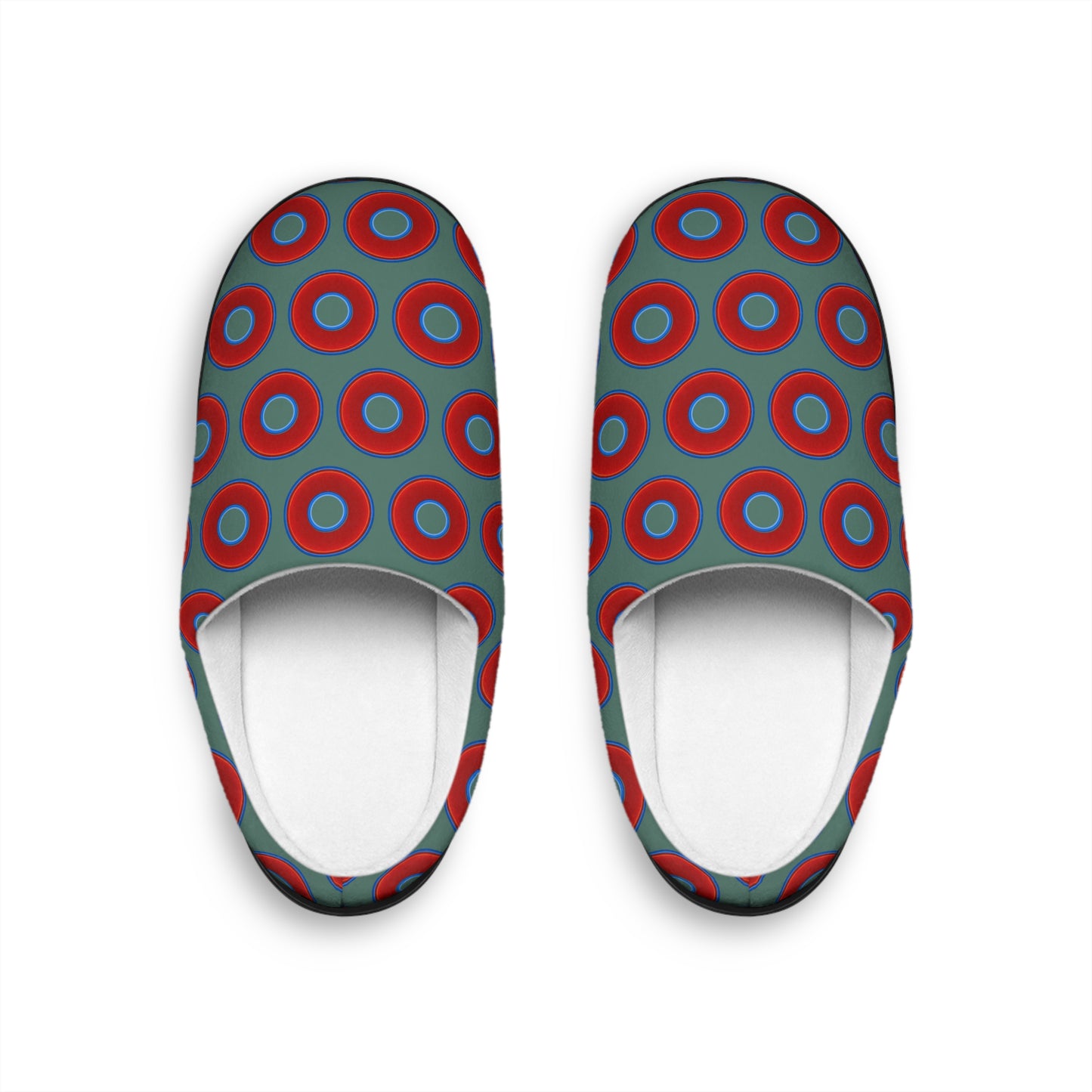 Men's Lumpy Slippers - red vivid donut print w/Fenway green background