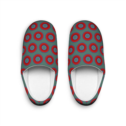 Men's Lumpy Slippers - red vivid donut print w/Fenway green background