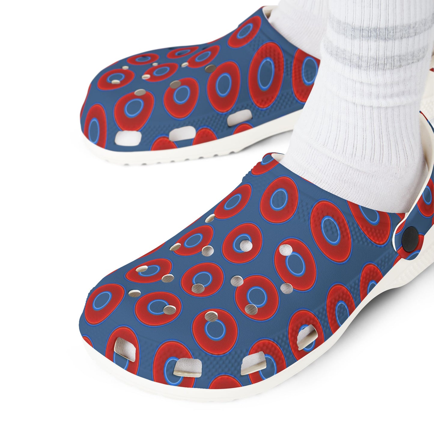 Spatchcocks - donut slip-on shoes - vivid red donuts w/light navy blue background [unisex]