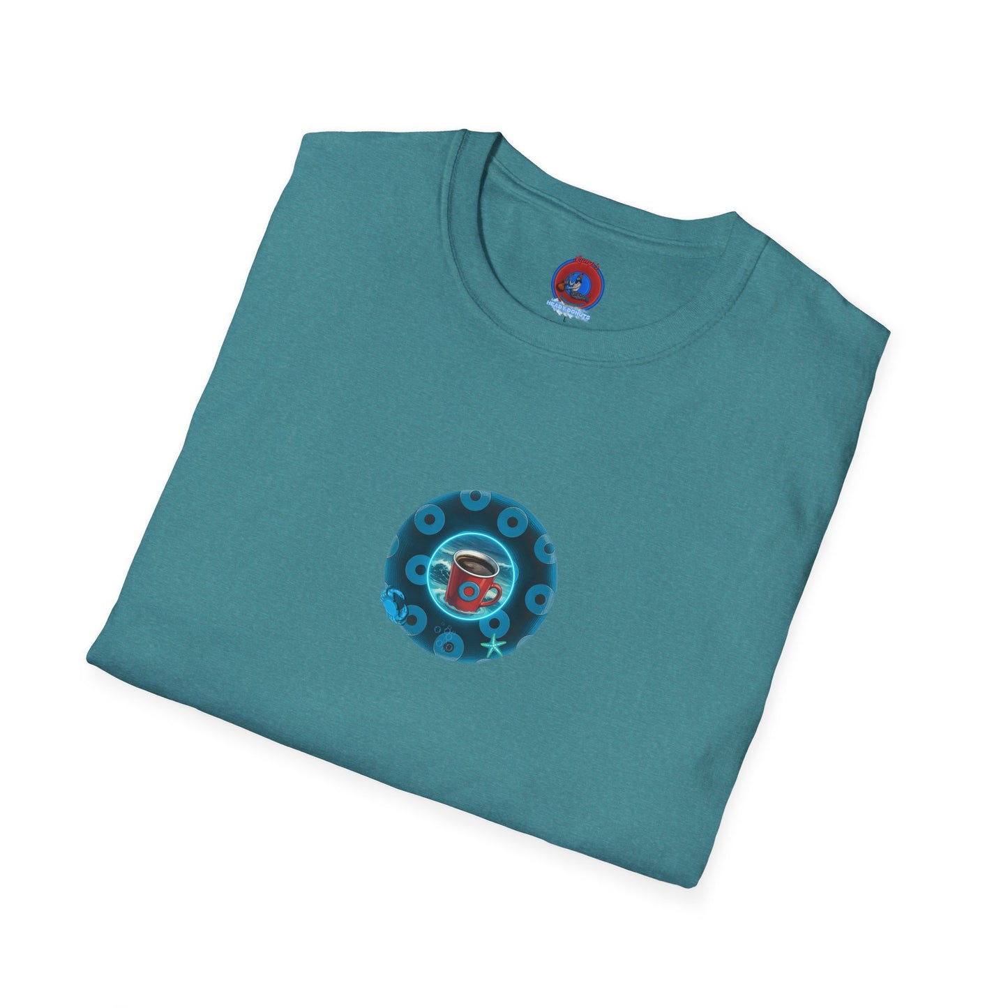 Lumpy Coffee Traders Tee - Unisex Soft-Style - "Good to Last Leaky Drop" - paradoxical donut - variant 2 - ocean donut front/logo back