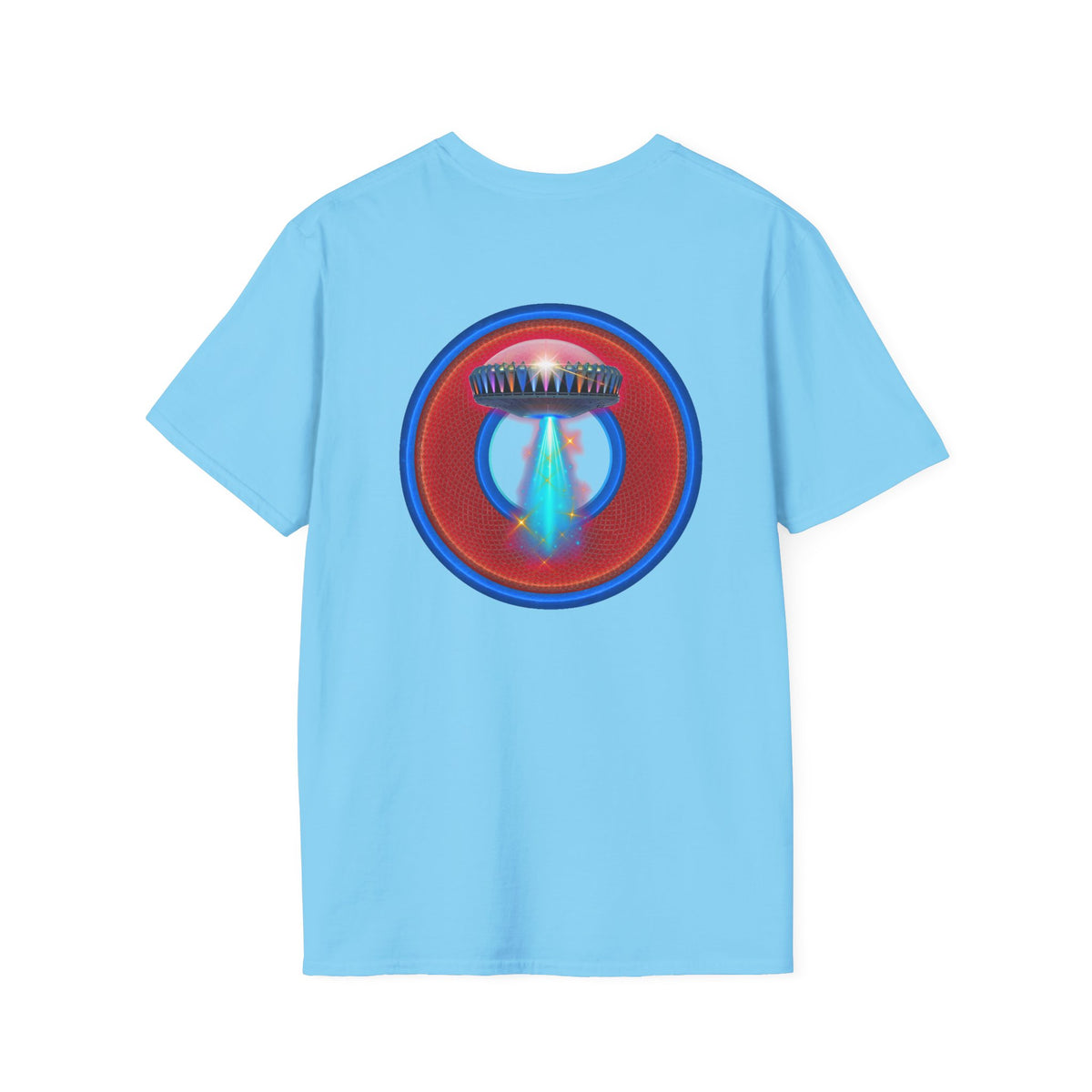 Classic Donut Tee - Unisex Soft-Style - "Donuts now Served on the Mothership" - red/blue donut