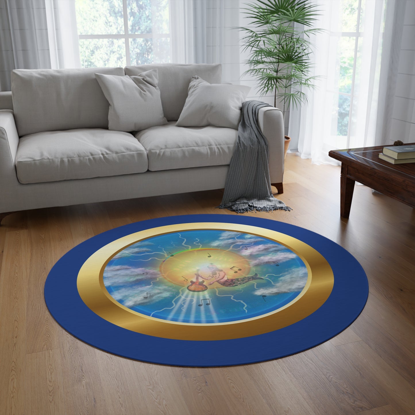 Round Room - 5 ft x 5 ft Lumpy Donut Rug - "The Divided Donut Rug" - vivid sky donut w/dark blue background - variant 3 - [*Charitable Donut]