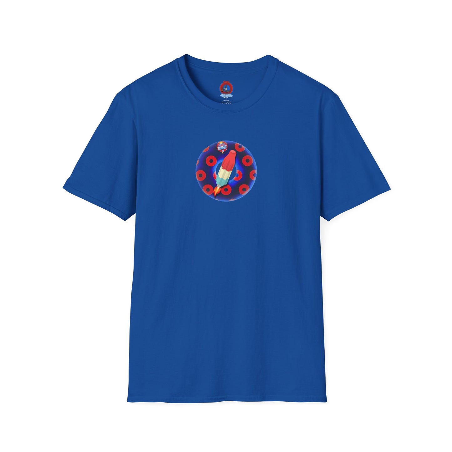 Classic Donut Tee - Unisex Soft-Style - "Blow this Popsicle Stand" - blue/red paradox bomb pop donut - variant 2