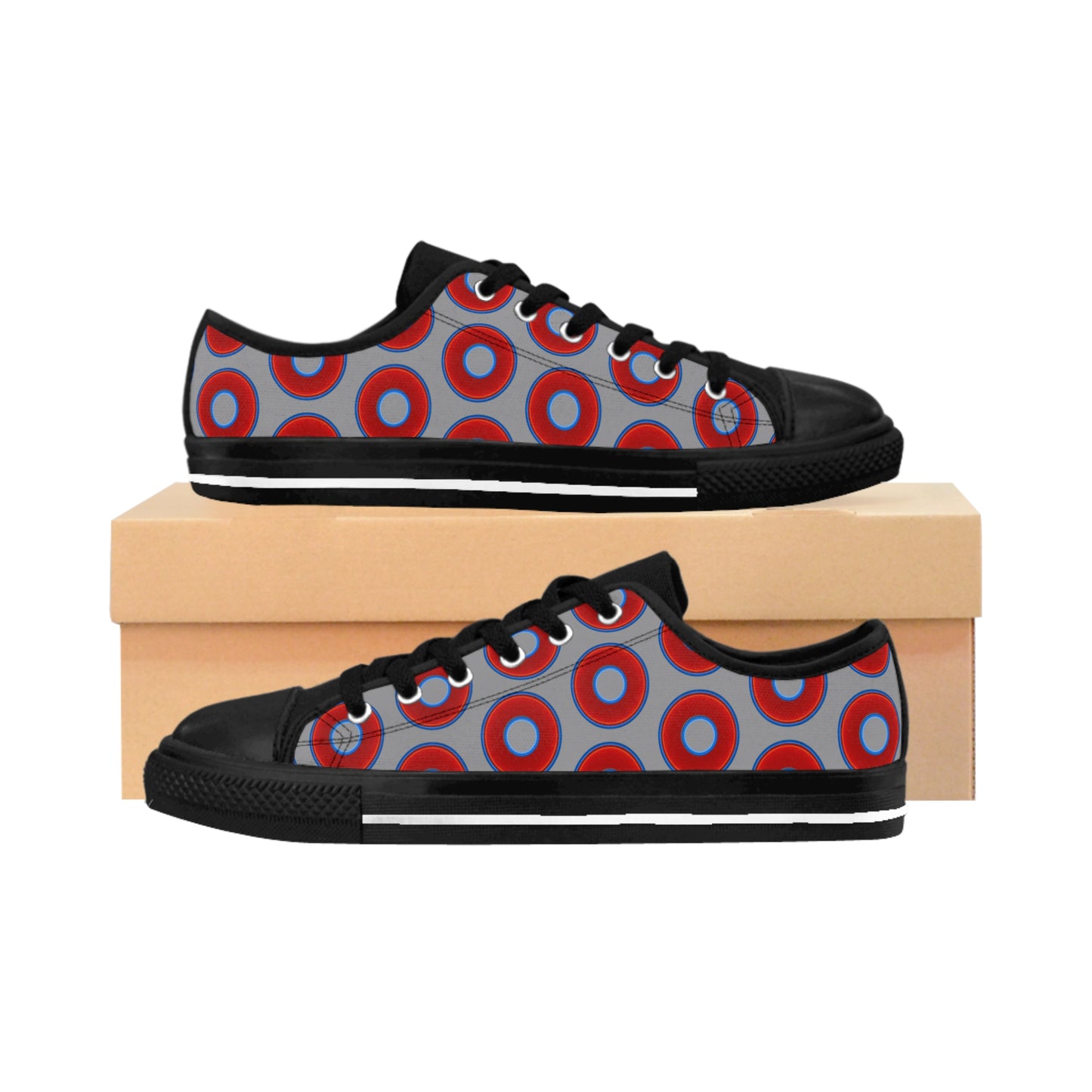 Men's Cushiony Convectors - Low Top - large red vivid donut print w/gray background