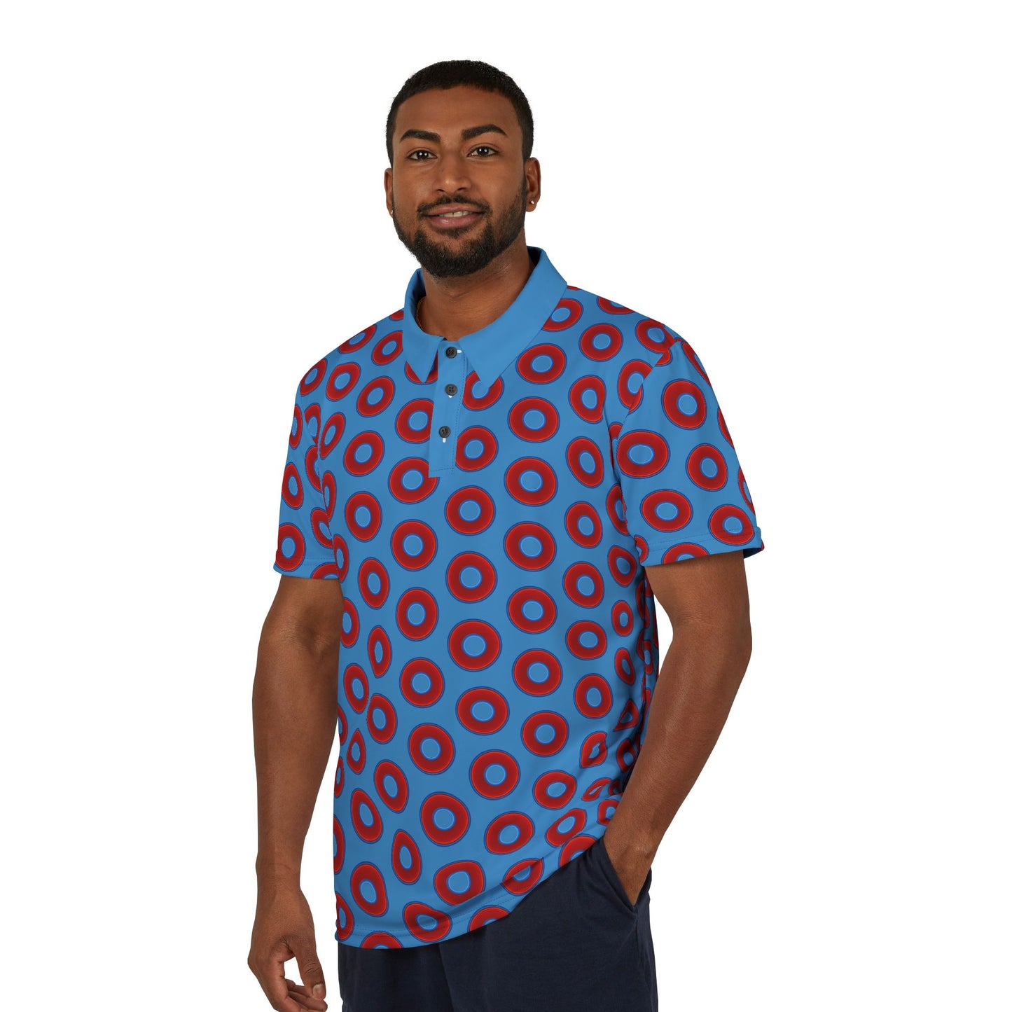 AOP Donut Polo - vivid donut print w/light steel blue background [unisex]