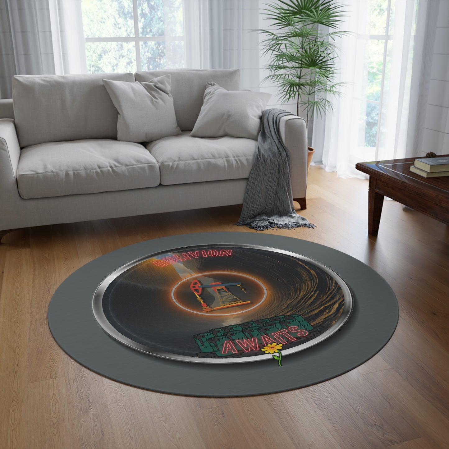 Round Room - 5 ft x 5 ft Lumpy Donut Rug - "The Donut Rug Splashed In Oil" - vivid dark brown/silver pic donut w/dark gray background - [*Charitable Donut]