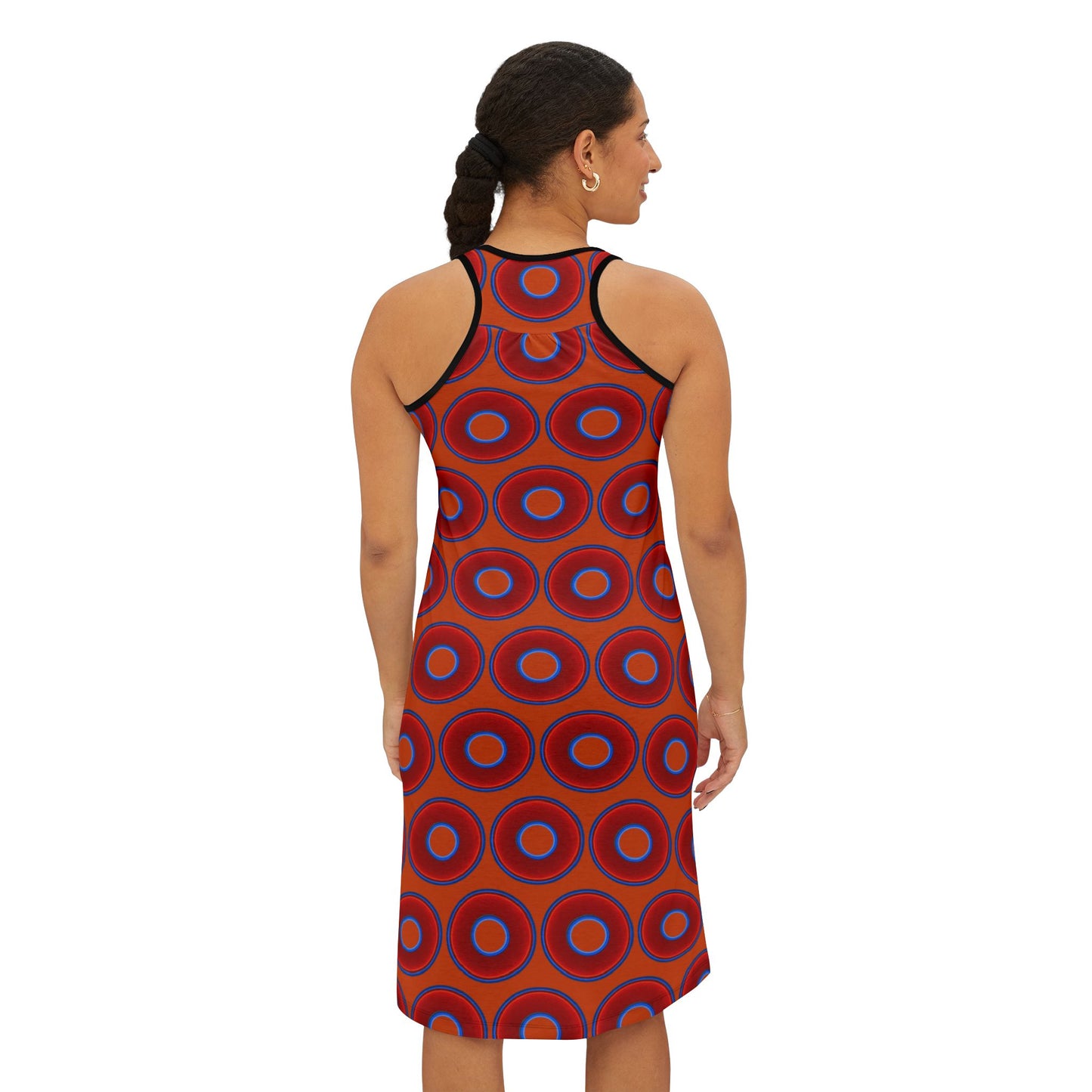 Tela's Lumpy Racerback Donut Dress - red vivid donut print w/orange background
