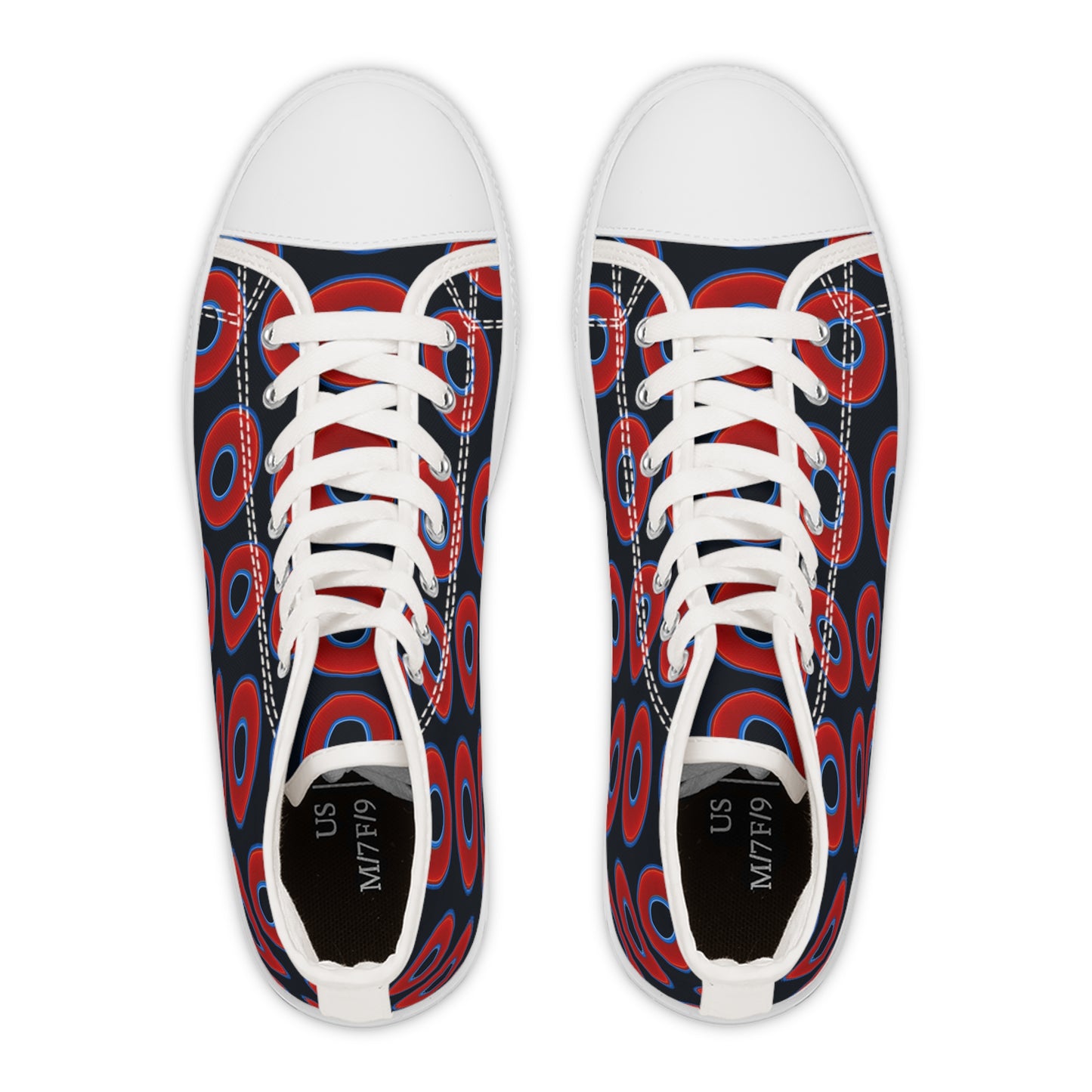 Women's High Top Chuck Taylors - large vivid red donut print w/blue charcoal background