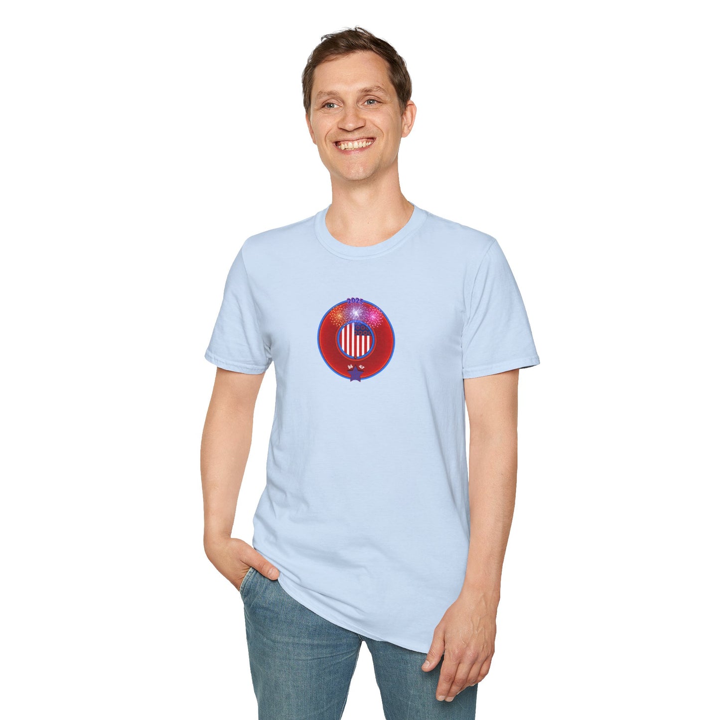 Classic Donut Tee - Unisex Soft-Style - "One Indivisible Donut" - vivid red phreedom donut - w/fireworks - variant 3