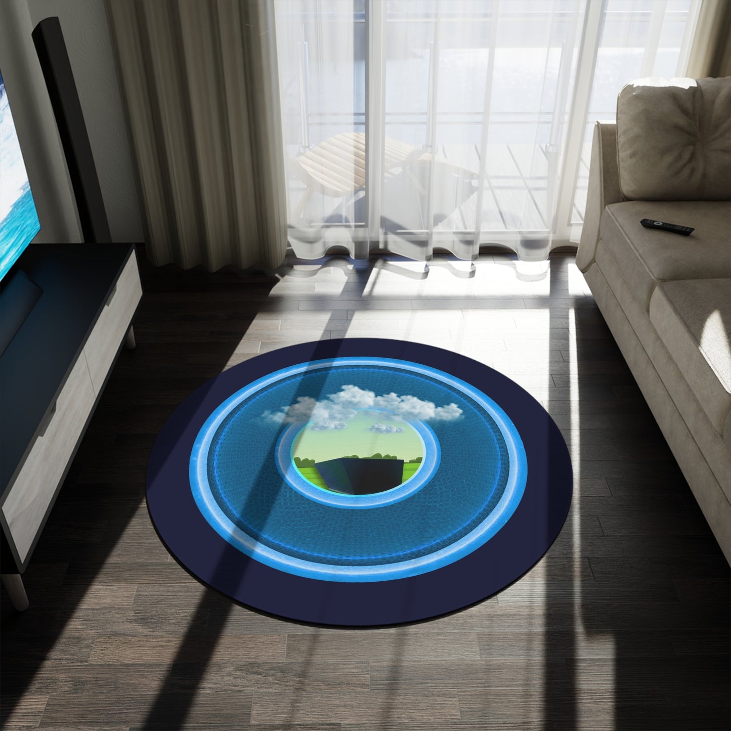 Round Room - 5 ft x 5 ft Lumpy Donut Rug - "Got Rhombus Rug?" - rustic blue/light blue donut w/dark navy background - variant 1