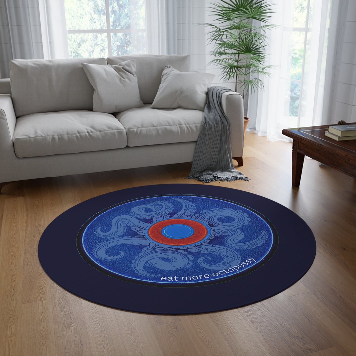 Round Room - 5 ft x 5 ft Lumpy Donut Rug - "Roger Moore's Donut" - vivid blue donut w/midnight blue background - variant 2
