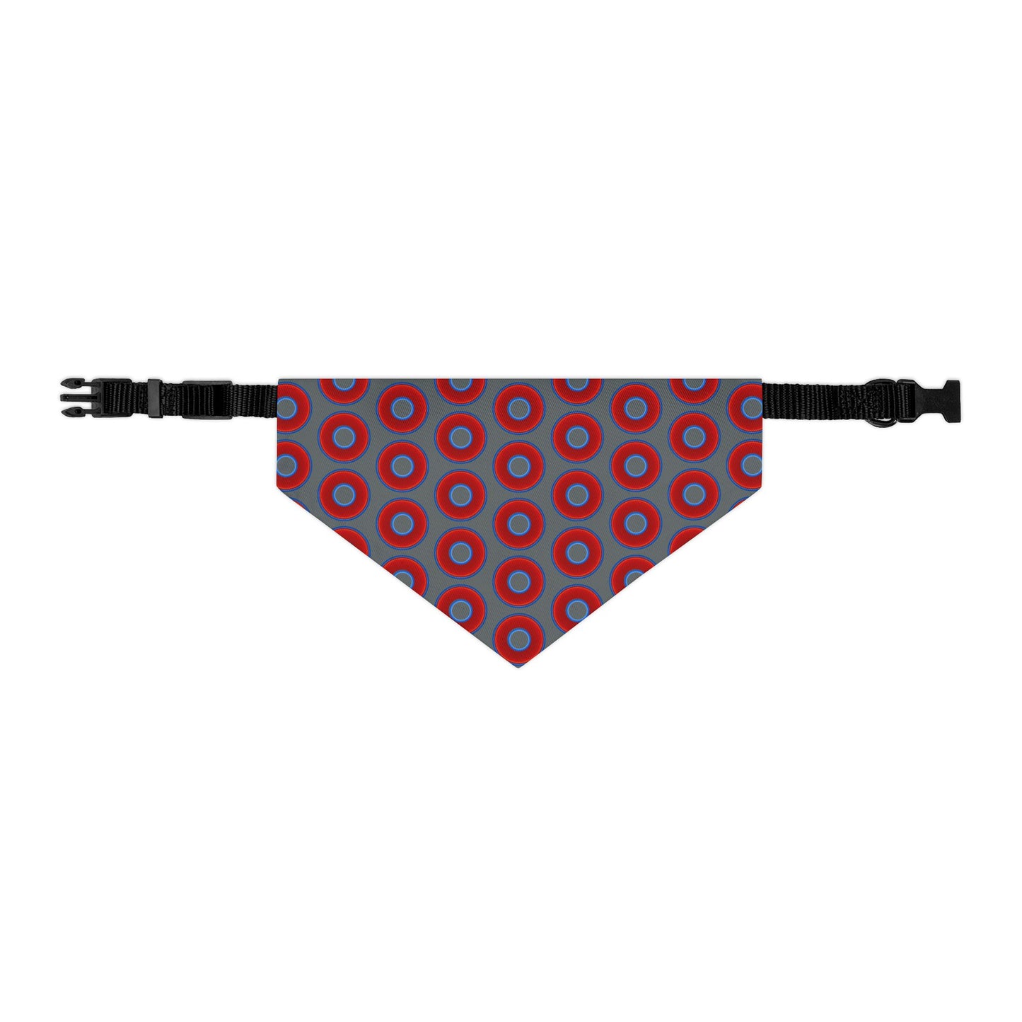 Jim's Lumpy Bandana Pet Collar - vivid red donuts w/dark gray background