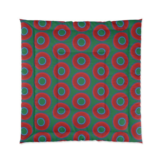 The Very Lumpy Comforter - vivid red donuts w/green background