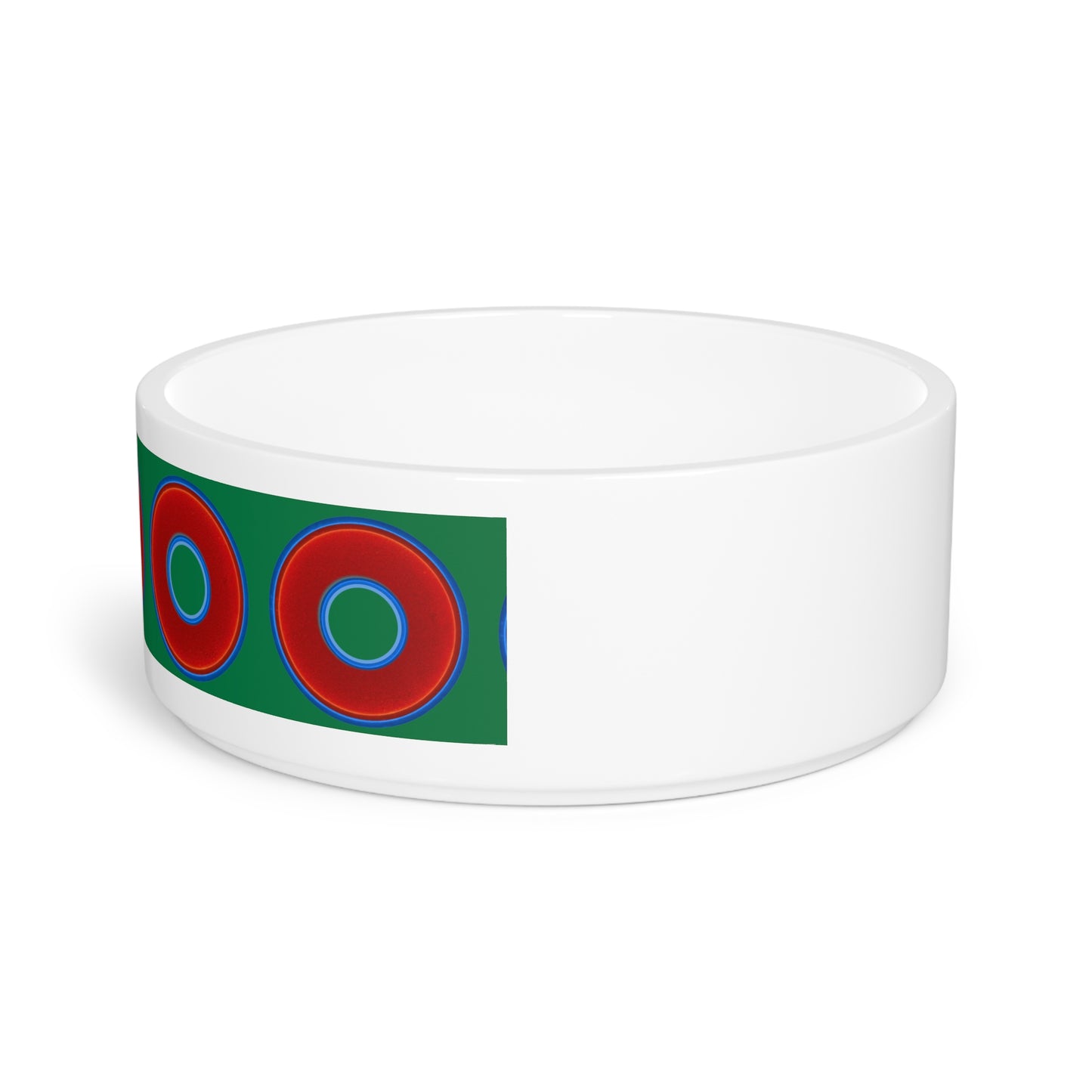 16 oz Lumpy Pet Bowl - vivid red donuts w/green background
